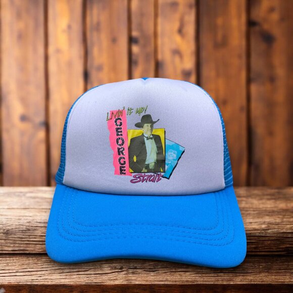George Strait Mens Trucker Hat Blue 80s Honky Tonk Cowboy Western Country Cap - Picture 1 of 4
